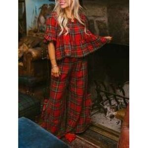 Women Christmas Puff Sleeve Plaid Pajama Set Gingham Babydoll 2 Piece Pj Set Sh…